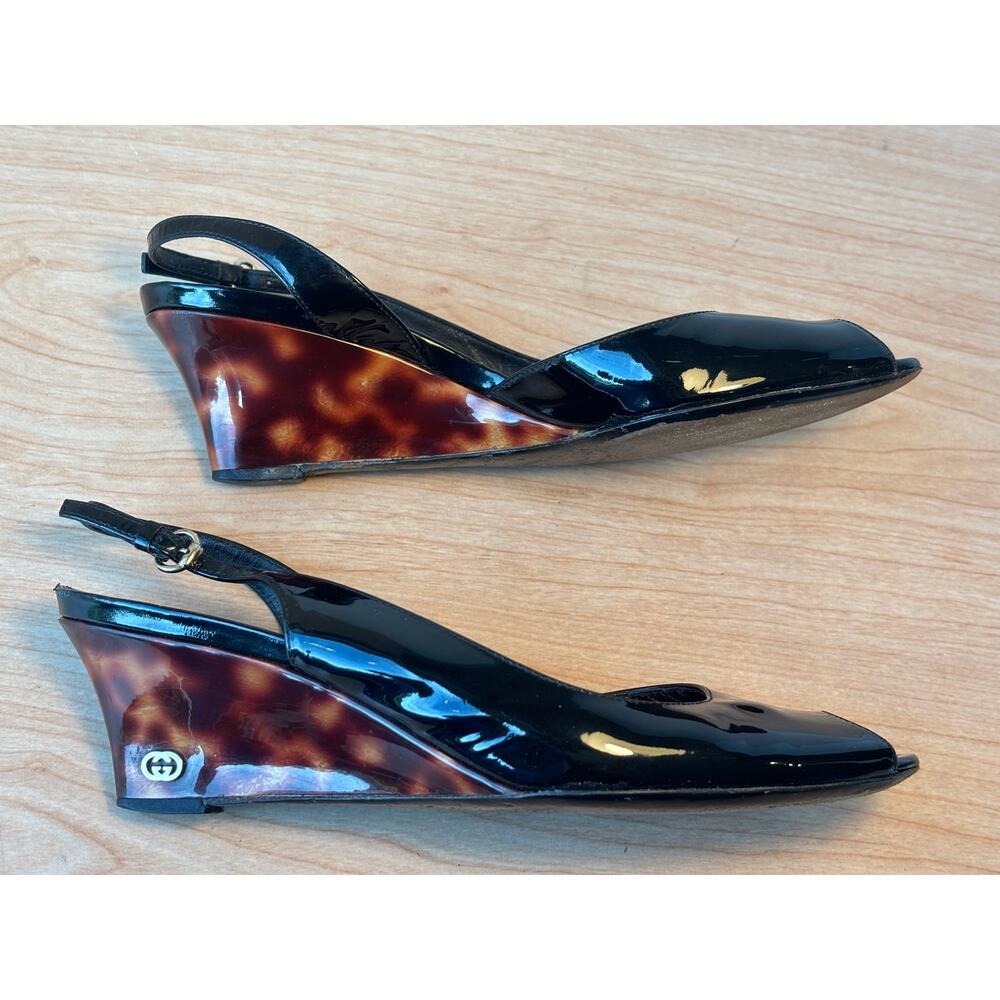 Vintage Gucci Vitello Vernice Wedge Sandals Tortoise Shell Print Size 7.5 B - Picture 2 of 11